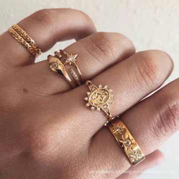 Anel de conjunto retro de 7 peças, Retro Totem Pattern Dot Diamond Virgin Ring Set